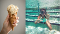roztápajúca sa zmrzlina a dievča, ktoré sa potápa v bazéne