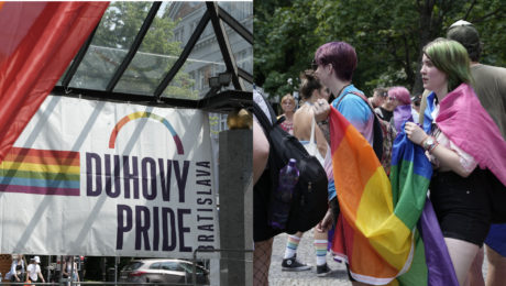 pochod ľudí v dúhových vlajkách na podporu LGBTI menšiny v Bratislave