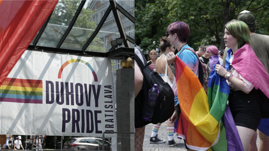 pochod ľudí v dúhových vlajkách na podporu LGBTI menšiny v Bratislave