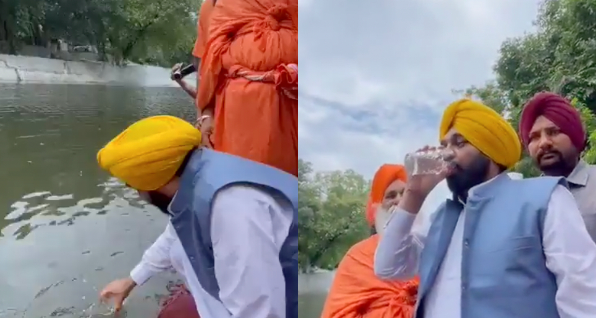 indický politik pije vodu z rieky