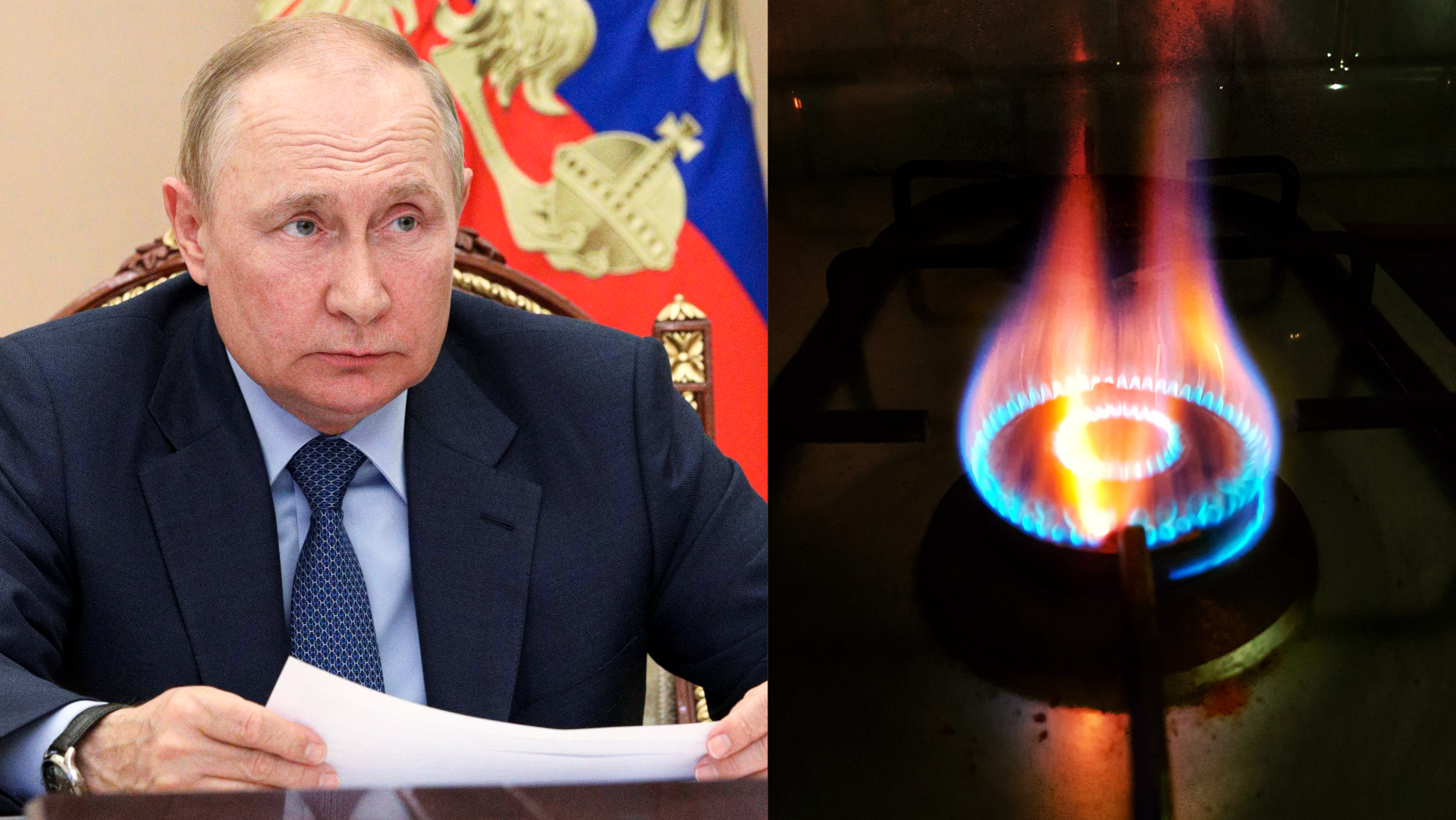 na snímke je putin s papiermi v rukách a horiaci plynový sporák