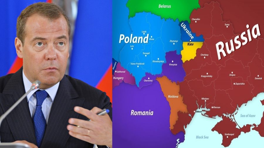 Dmitrij Medvedev a mapa prerozdelenie Ukrajiny podľa Medvedeva