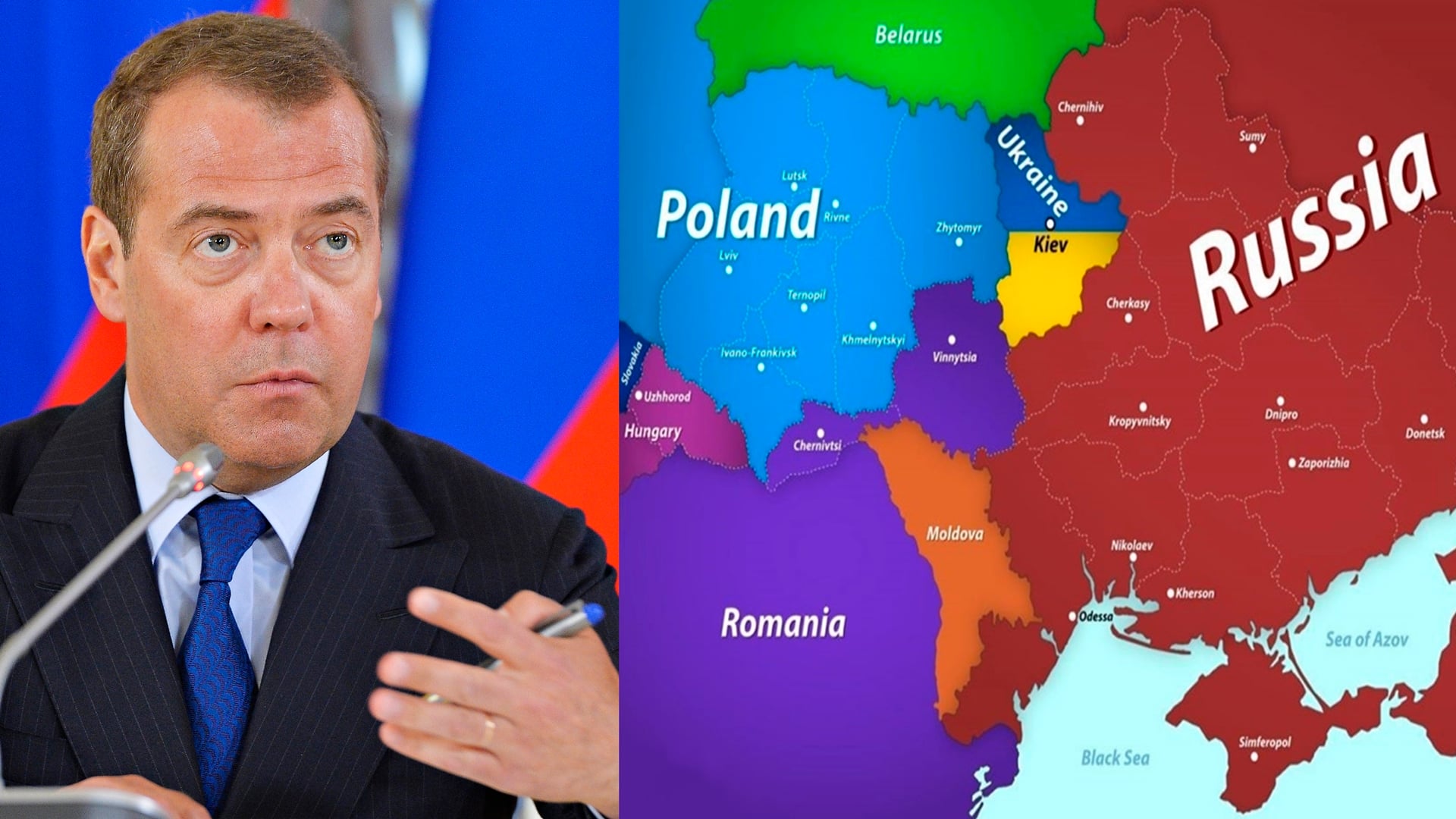 Dmitrij Medvedev a mapa prerozdelenie Ukrajiny podľa Medvedeva