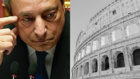 Taliansky premier mario draghi ustarostený a sklamaný. Čiernobiela fotka koloseum v Ríme