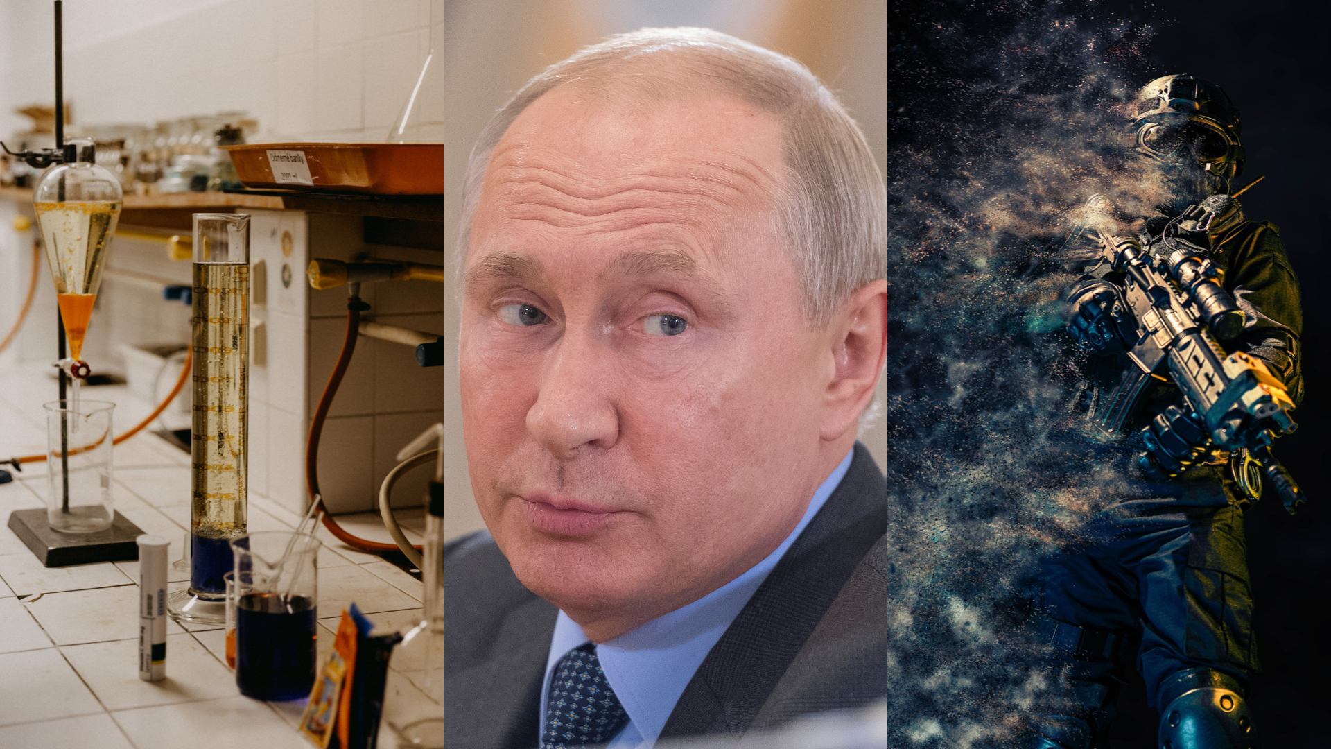 Chemické biologické laboratórium, kde sa pripravuje pokus, skúmavky a kvapaliny. Škeriaci sa Vladimir Putin. Ruský prezident. Vojak vychádzajúci z plynu, efekt zmutovaný vojak.