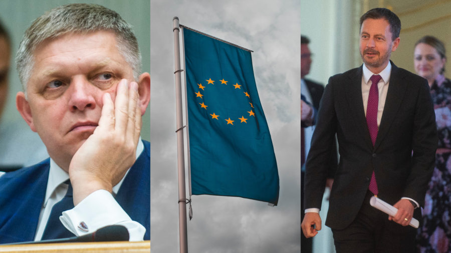 sklamaný fico a vlajka európskej únie v zamračenom počasí a usmiaty premiér eduard heger