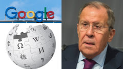 Logo Google na streche budovy, logo Wikipedia a minister zahraničia Ruskej federácia Sergej Lavrov