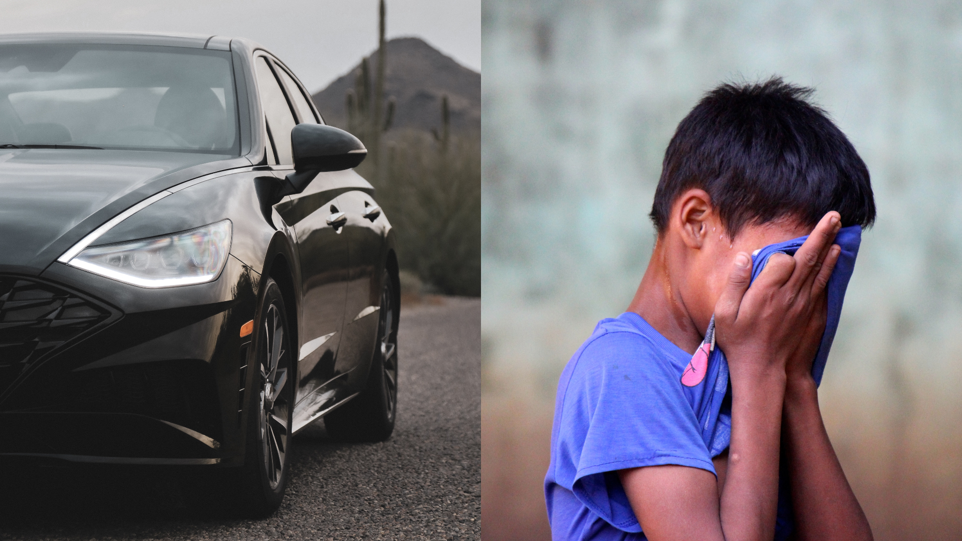 Čierny Hyundai pripravený na cestu stojí na peknej dlažobnej ulici. Smutný chlapec v modrom tričku si drží tvár