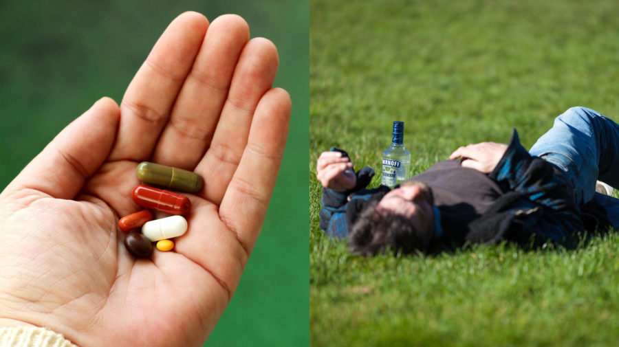 tabletky v ruke človeka, človek ležiaci na tráve
