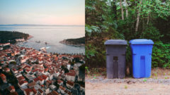 Krásny záliv, pláž a chorvátske mesto Makarská je znečistené. Odpadkové koše na recykláciu odpadu