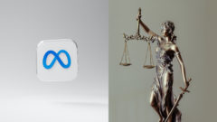 logo spoločnosti meta a socha bohyne spravodlivosti