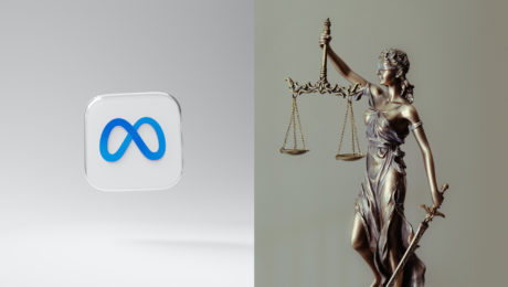 logo spoločnosti meta a socha bohyne spravodlivosti