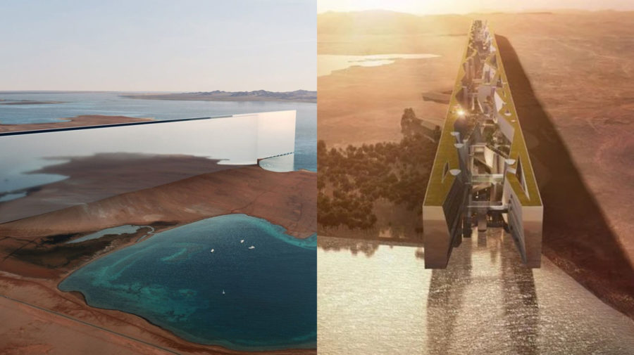 Najväčšia stavba na svete. Zrkadlová stavba zvaná ako Mirror Line alebo Zrkadlová línia sa rozprestiera popri popreží a púšti v kráľovstve Saudská Arábia