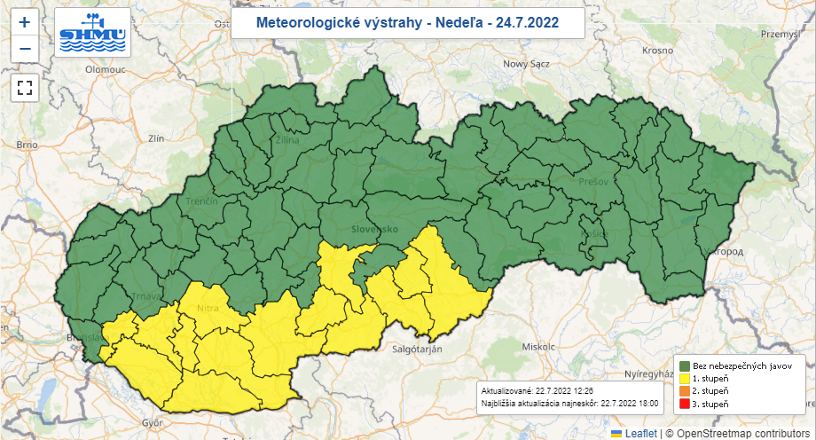 mapa teplotných výstrah na nedeľu 23.7.2022