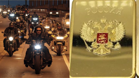 Motorkársky klub Noční vlci na jazde po nočnej ulici v noci. Ruské zlato s erbom federácie