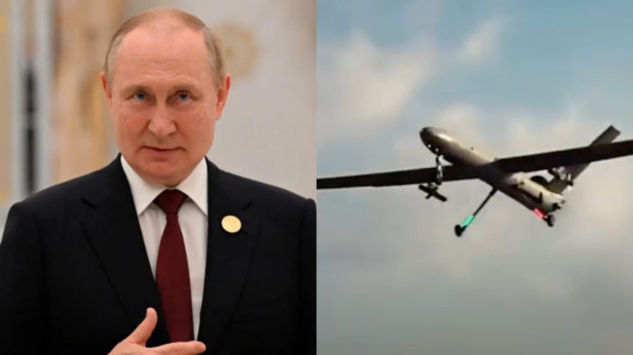 Ruský prezident Vladimir Putin a iránsky dron vo vzduchu