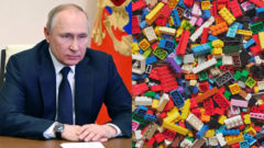 Urazený smutný a nahnevaný ruský prezident Vladimir Putin sa pozerá na lego, ktoré odchádza z Ruska