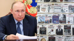 Ruský prezident Vladimir Putin zazerá na noviny Novaja Gazeta, ktorým hrozí strata licencie