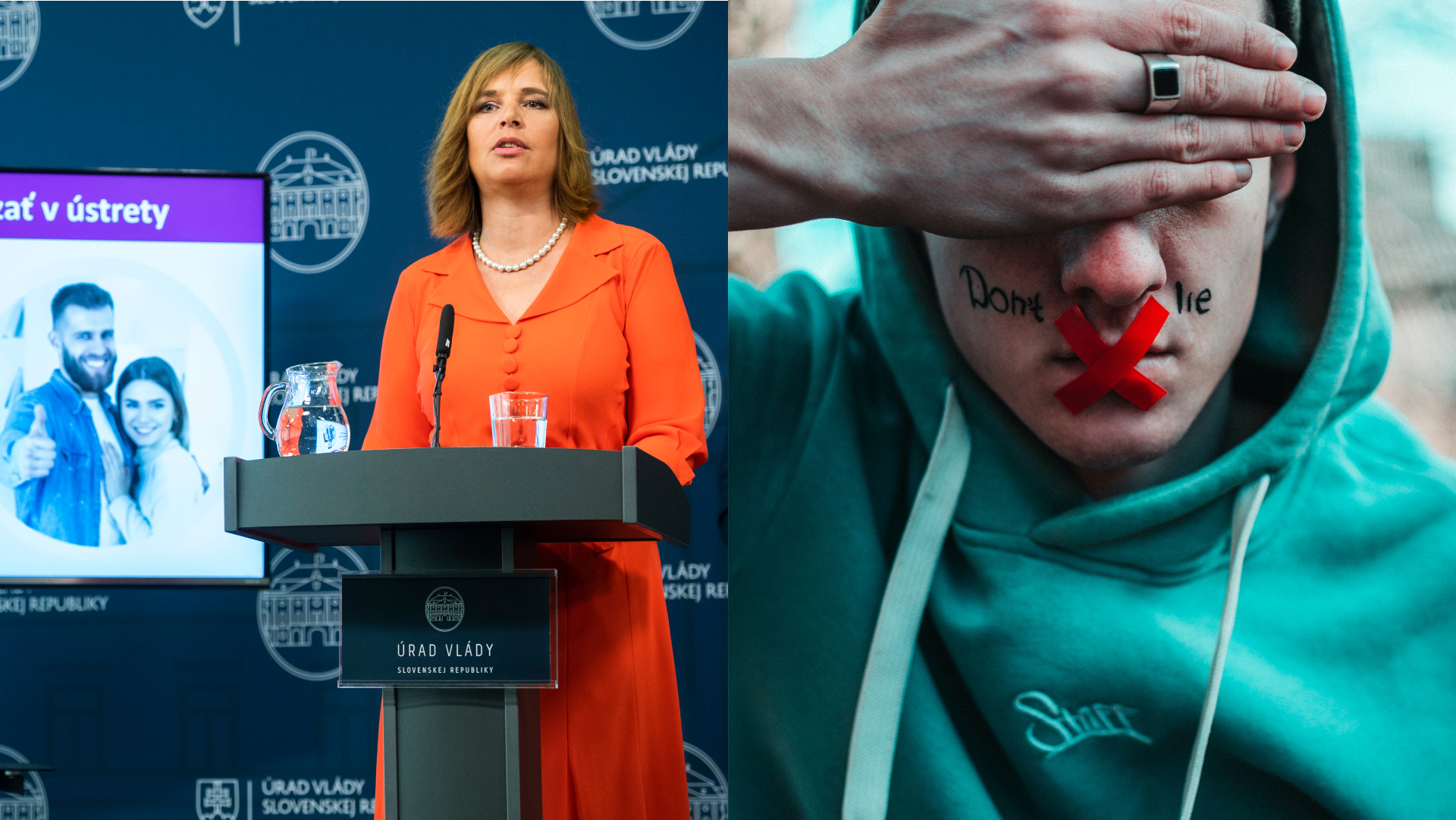 remišová rozprávajúca do mikrofónu a muž zakrývajúci si oči