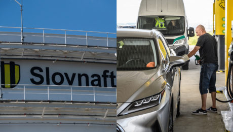 Rafinéria slovenskej palivovej spoločnosti Slovnaft a vysoké ceny tankovania na čerpacích staniciach. Muž tankuje do svojho lexusu drahý benzín.