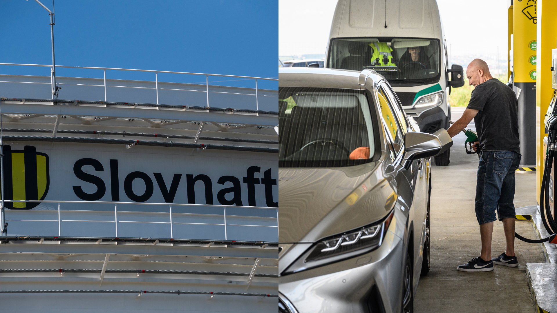 Rafinéria slovenskej palivovej spoločnosti Slovnaft a vysoké ceny tankovania na čerpacích staniciach. Muž tankuje do svojho lexusu drahý benzín.