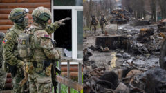 Ruskí vojaci v kamufláži a vojna na Ukrajine kráčajú po zbombardovaných uliciciach.