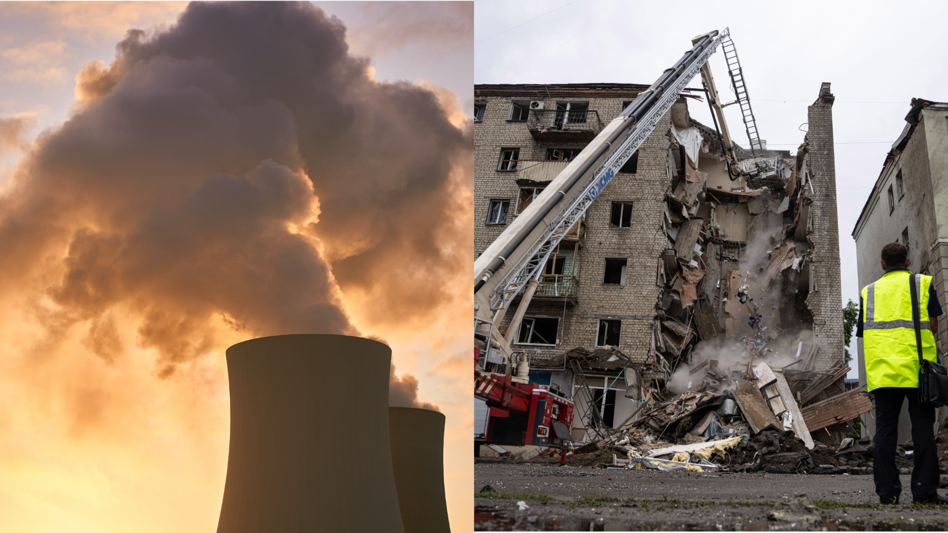 Zrútená budova vpravo, komín jadrovej elektrrne vľavo