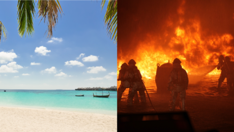 vpravo hasiči zasahujú pri enormnom požiari krajiny, vľavo dovolenková destinácia