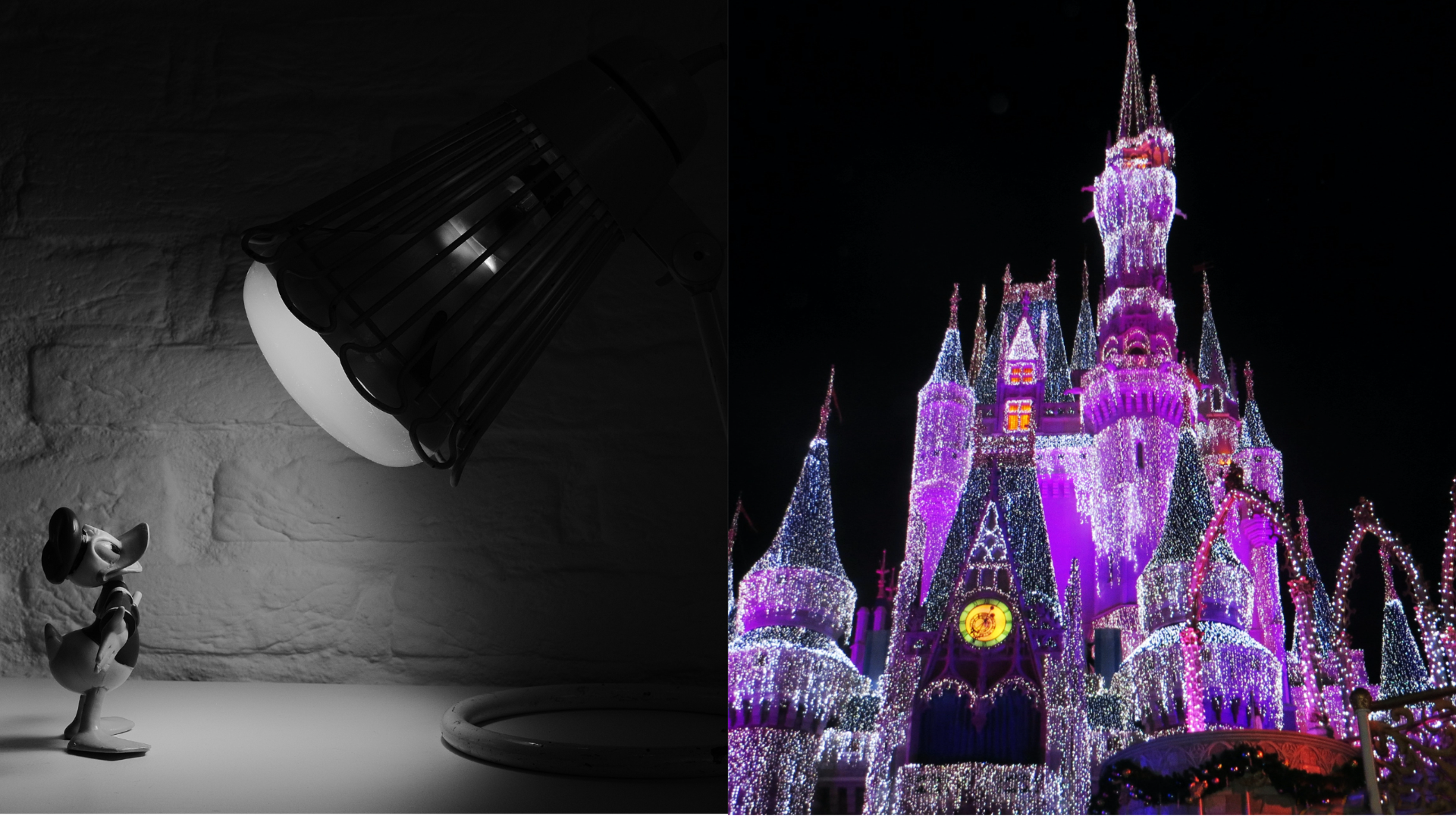 pravo zábavný park disneyland, vľavo jedna z postáv od disneyho