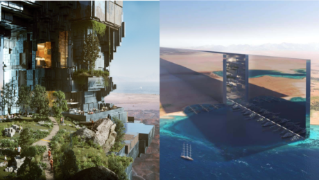 vpravo vizuál na futuristické mesto, vľavo vizuál na futuristické mesto