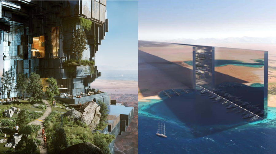vpravo vizuál na futuristické mesto, vľavo vizuál na futuristické mesto
