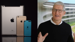 vpravo generálny riaditeľ apple tim cook, vľavo výrobky spoločnosti apple