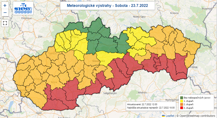 mapa teplotných výstrah na sobotu 22.7.2022