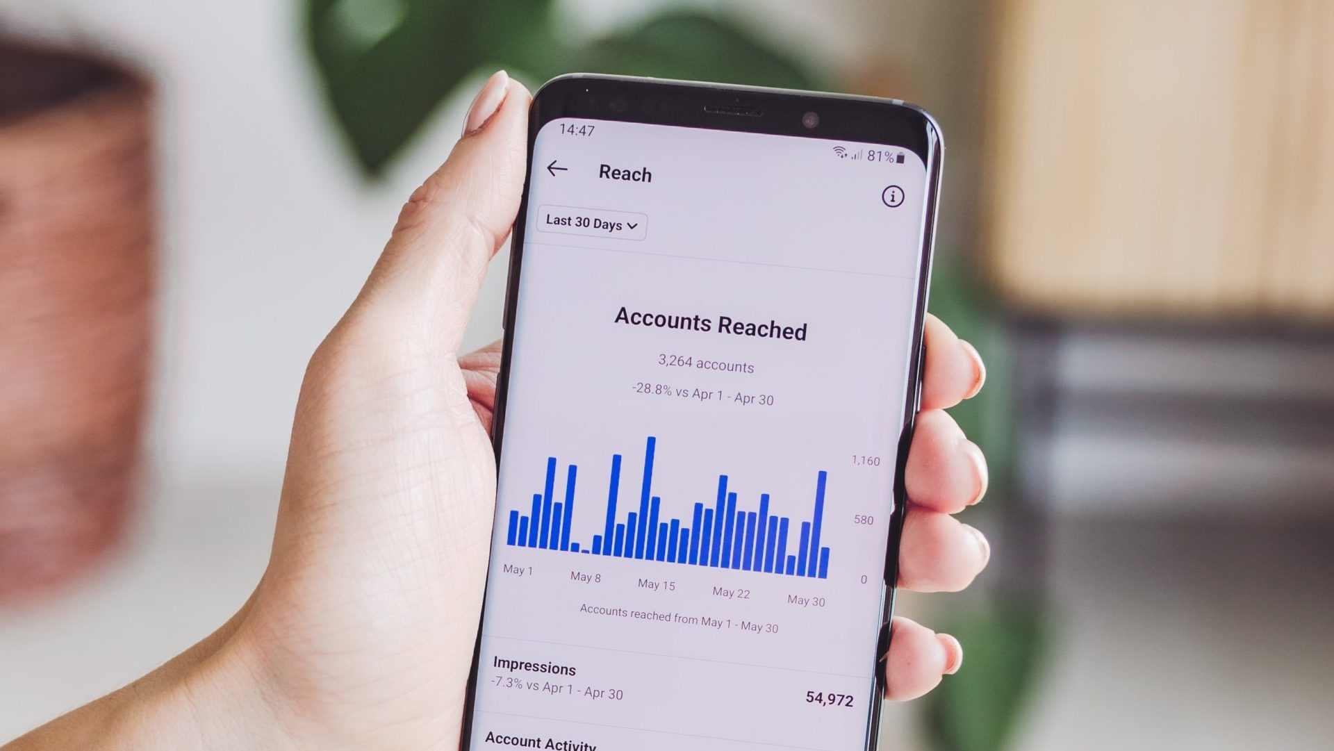 mobil na ktorom sú zobrazené štatistiky instagram účtu