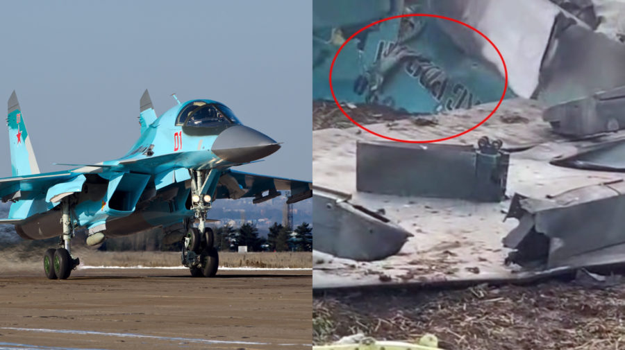 Ruský stíhací bombardér Suchoj Su-34 a jeho vrak. Rusi si sami zostrelili svoje lietadlo.
