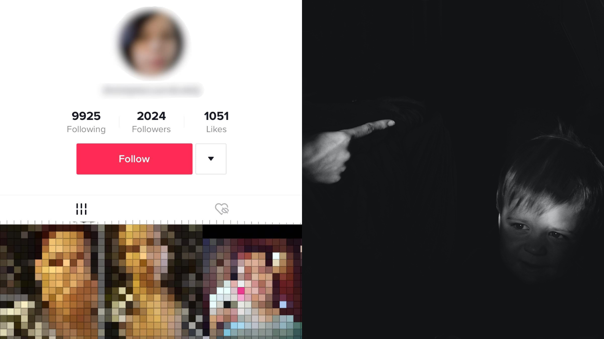 Profil na TikToku, v ktorom žena uverejňovala videá agresivity na svojich deťoch. Agresivita na dieťati, čiernobiela fotka
