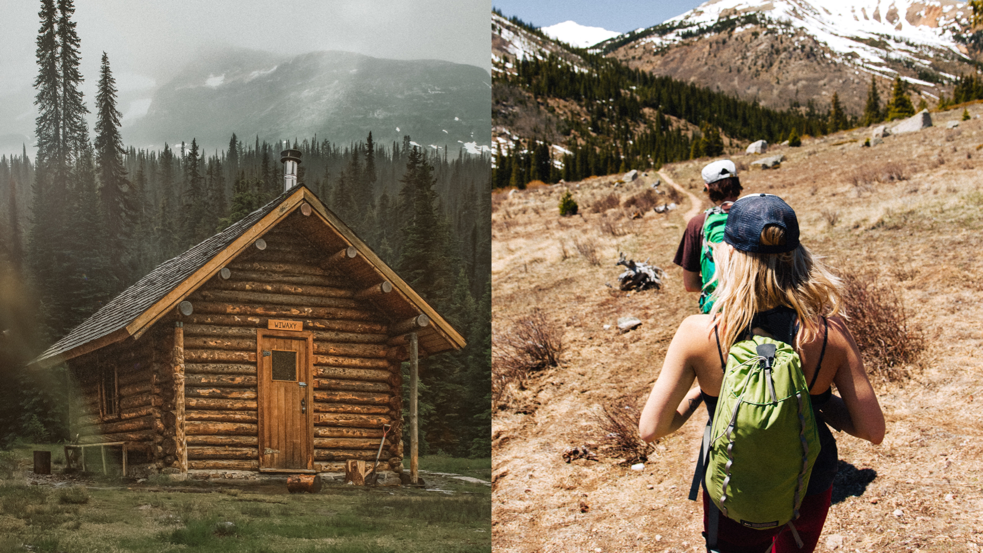 útulňa v horách a turisti na výlete