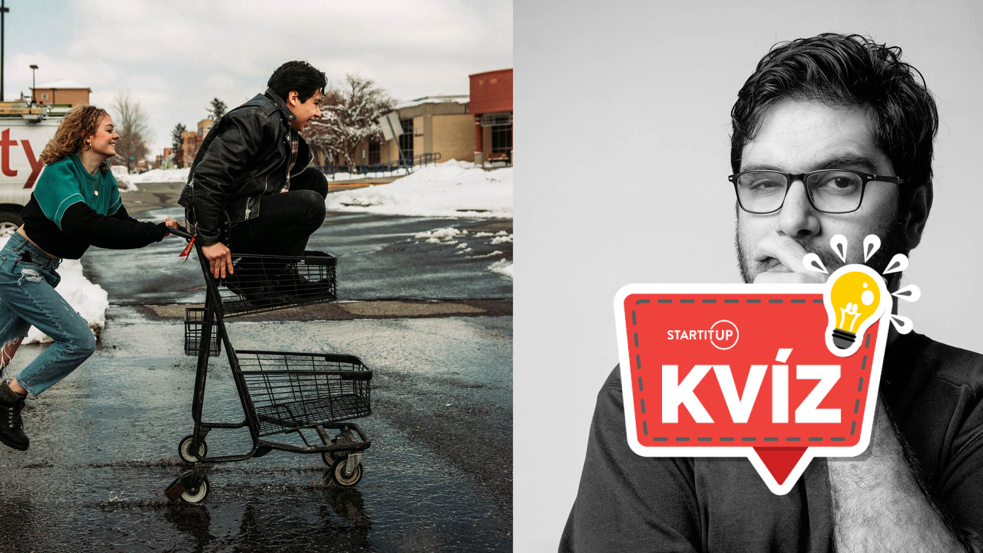 muž sedí v nákupnom vozíku a žena ho na parkovisku tlačí, muž je zmätený