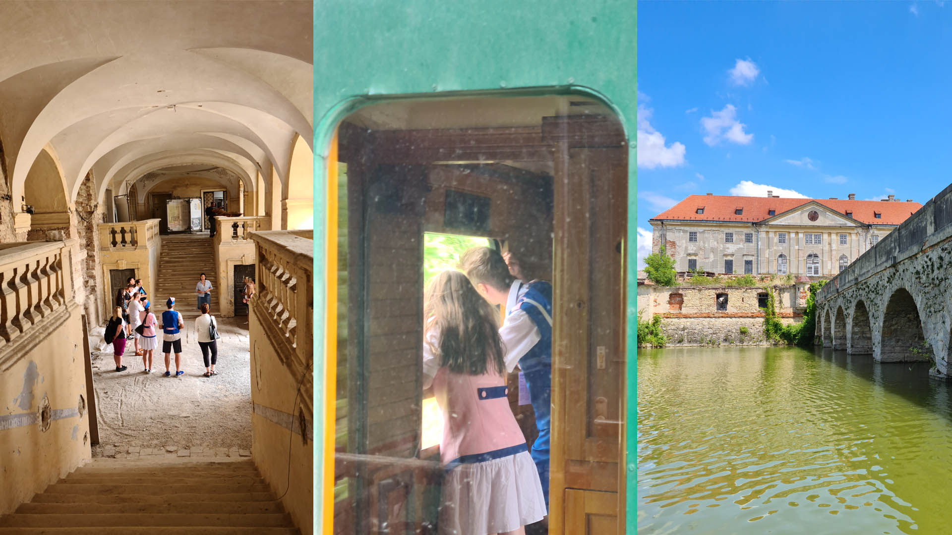 interiér Holíčskeho zámku, muž a žena pozerajú z okna historického vlaku, Holíčsky zámok za vodou a kamenným mostom