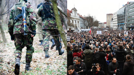 Vojaci v zime v lese v maskáčovom oblečení v maskačoch a so samopaľmi. Protesty za slušné Slovensko, davy ľudí
