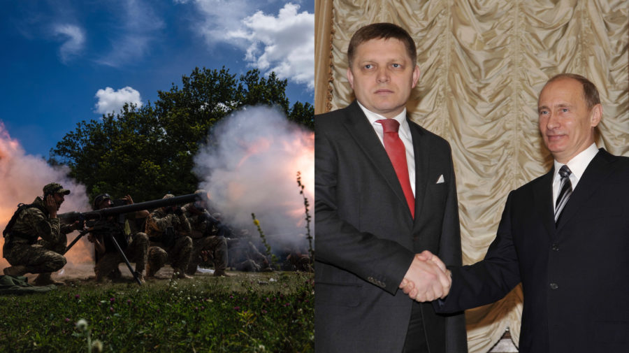 Vojaci na Ukrajine pália z dela. Pri výbuchoch a streľbe si zakrývajú uši. Robert Fico si podáva ruku s Vladimirom Putinom