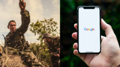 Vojak na Ukrajine, na Donbase, zdvíha ruku do výšky, boje prebiehajú. Mobilný telefón s vyhľadávačom Google