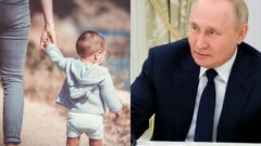 Dieťa drží rodiča za ruku na prechádzke. Putin sa nepríjemne usmieva