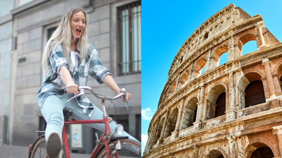 Na snímke je žena na bicykli a Koloseum.
