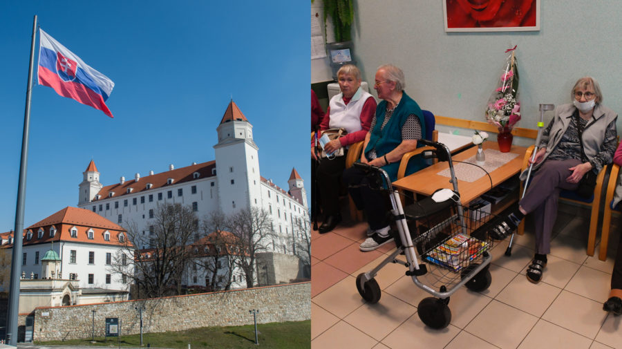 Bratislavský hrad sa týči nad Bratislavou, vo vzduchu veje slovenská vlajka. Dôchodcovia sedia na lavičke a stoličkách.