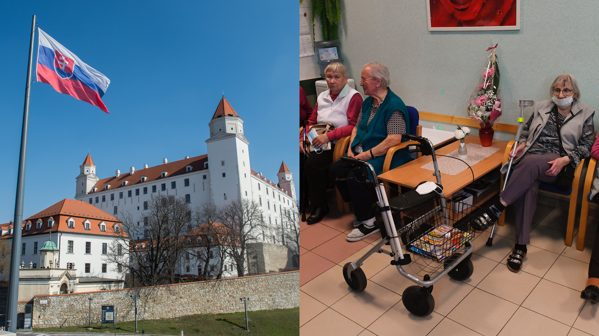 Bratislavský hrad sa týči nad Bratislavou, vo vzduchu veje slovenská vlajka. Dôchodcovia sedia na lavičke a stoličkách.