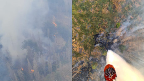 Horiaci Národný park České Švajčiarsko, pohľad z vrtuľníka, pod ktorým je upevnená prepravovaná voda