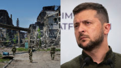 Zdemolovaná Chersonská oblasť na Ukrajine, kde prebiehajú kruté a ťažké boje. Prezident Ukrajiny Volodymyr Zelenskyj