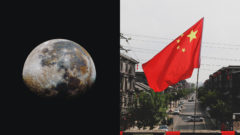 snímka vychádzajúceho mesiaca a čínska vlajka na pozadí mesta
