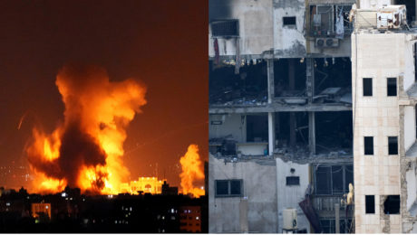 Planeme po ostreľovaní vľavo, zničená budova po útoku vpravo